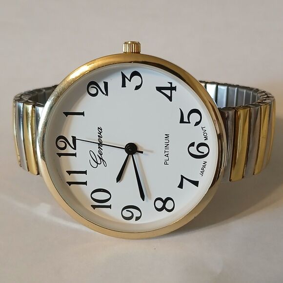 Geneva Platinum Women White Large Round Dial Two-Tone Bracelet Watch Japan Movt - Picture 1 of 13